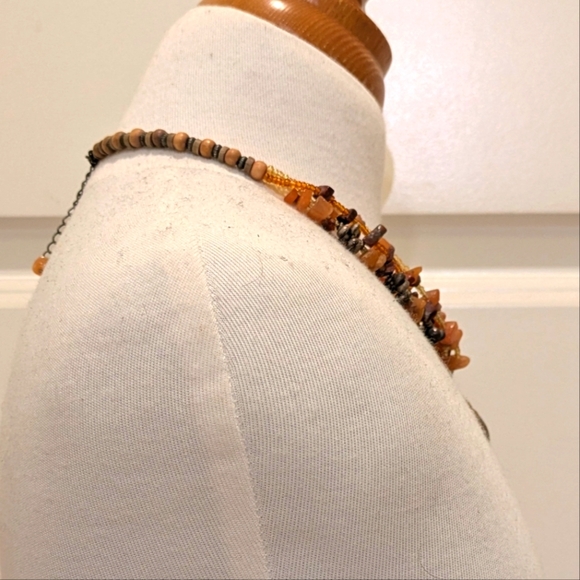 Boho Enameled Silvertone Centerpiece Stone Chip and Wooden Bead Necklace - Picture 4 of 7